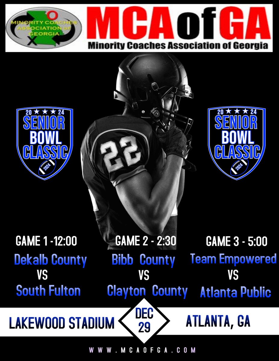 Coach Silveri (@subzero06) on Twitter photo The 7th Annual <a href="/MCAOFGA/">Minority Coaches Assoc of GA</a> Senior Bowl Classic will be going down on Sunday December 29th ath Lakewood. Come support all your favorite Seniors strap it up 1 last time together. The 7th Annual <a href="/MCAOFGA/">Minority Coaches Assoc of GA</a> Senior Bowl Classic will be going down on Sunday December 29th ath Lakewood. Come support all your favorite Seniors strap it up 1 last time together.