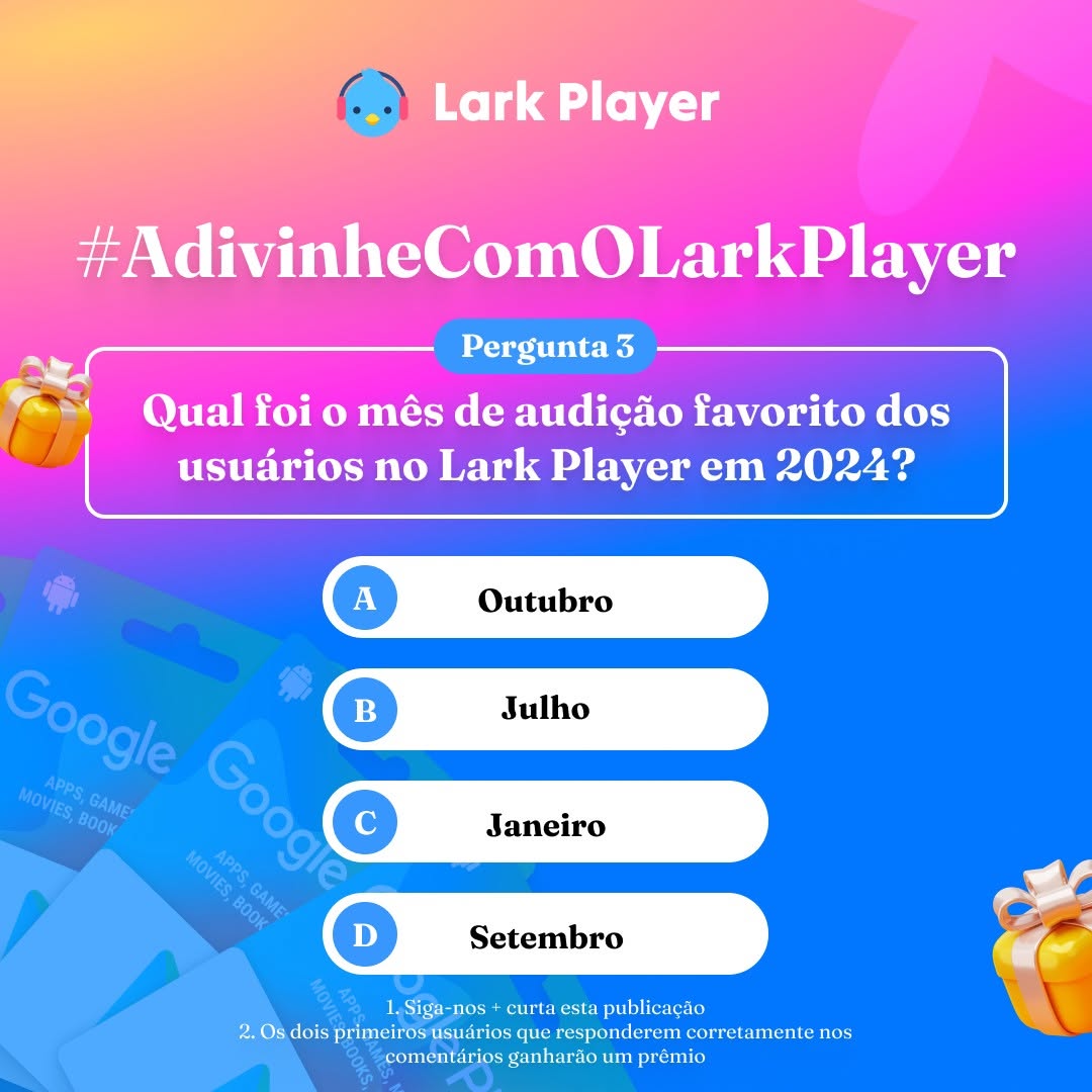 Você sabe qual a resposta certa? Deixa aqui abaixo e saiba quem foram os grandes vencedores na próxima quarta-feira 🎧✨

Pesquise por memórias 2024 no Lark Player para obter sua retrospectiva 2024 🔍🐦

#larkplayer #musicplayer  #larkplayermemories