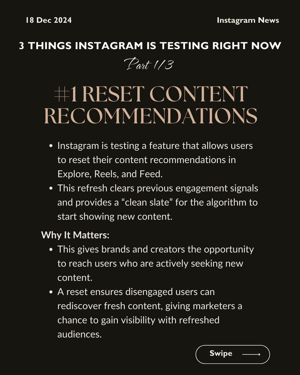 AgataReilly's tweet photo. 🚨 3 Instagram tests to know (Part 1/3):

1️⃣ Reset content recommendations = fresh audience reach.
2️⃣ Hashtags are out—AI-driven content wins.
3️⃣ No more rug pull: Videos stay visible mid-watch.

How will this impact your strategy? 

💡 Stay tuned for Part 2! https://t.co/izIxU04Aqt