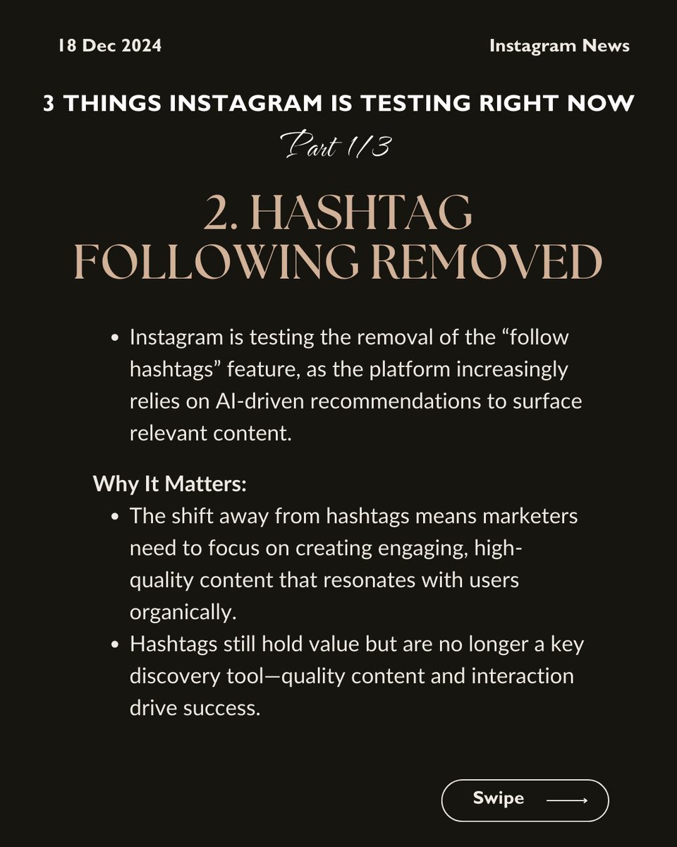 AgataReilly's tweet photo. 🚨 3 Instagram tests to know (Part 1/3):

1️⃣ Reset content recommendations = fresh audience reach.
2️⃣ Hashtags are out—AI-driven content wins.
3️⃣ No more rug pull: Videos stay visible mid-watch.

How will this impact your strategy? 

💡 Stay tuned for Part 2! https://t.co/izIxU04Aqt