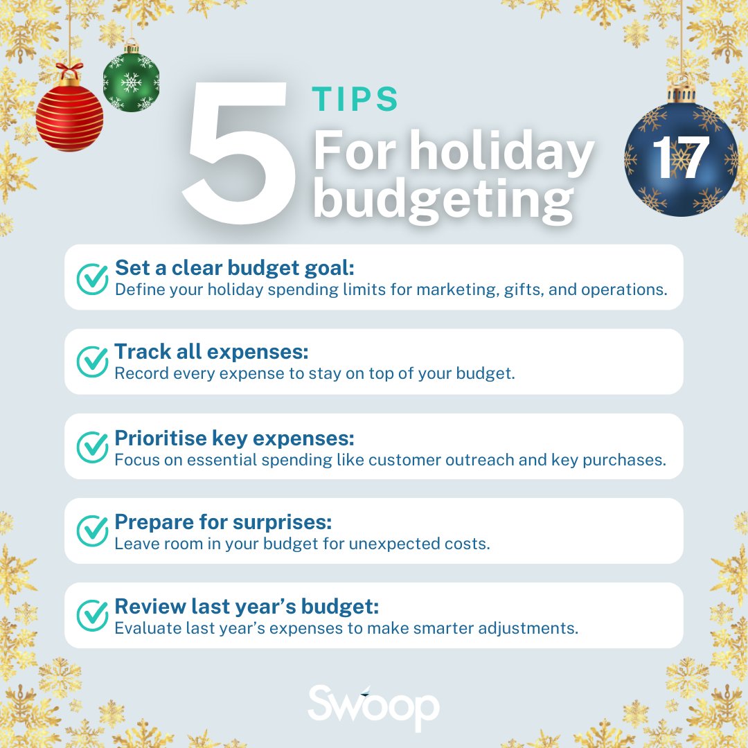 The holidays can be hectic for small businesses, but smart budgeting now will set you up for success in 2025. Check out our tips to stay on track with your holiday budget and plan ahead for the new year! 🌟

Swoop is here to help 👉 bit.ly/4fmuB4H

#Swoop #Budgeting