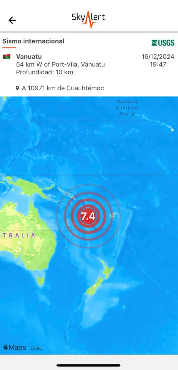 SkyAlertMx's tweet photo. #ÚltimaHora - sismo magnitud 7.4 (USGS) con epicentro al poniente de la capital Vanuatu🇻🇺

🔸Posibles daños en la zona próxima al epicentro.
🔸Amenaza de #tsunami únicamente para las costas de la región. https://t.co/gGbKru0cbv