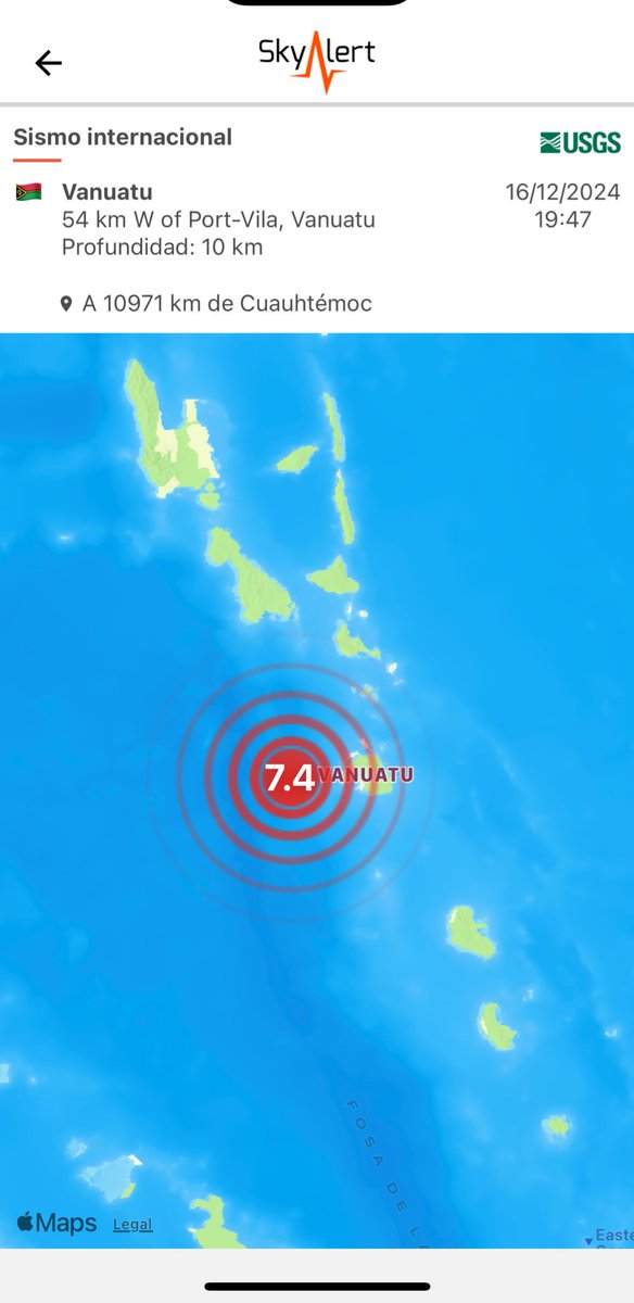 SkyAlertMx's tweet photo. #ÚltimaHora - sismo magnitud 7.4 (USGS) con epicentro al poniente de la capital Vanuatu🇻🇺

🔸Posibles daños en la zona próxima al epicentro.
🔸Amenaza de #tsunami únicamente para las costas de la región. https://t.co/gGbKru0cbv