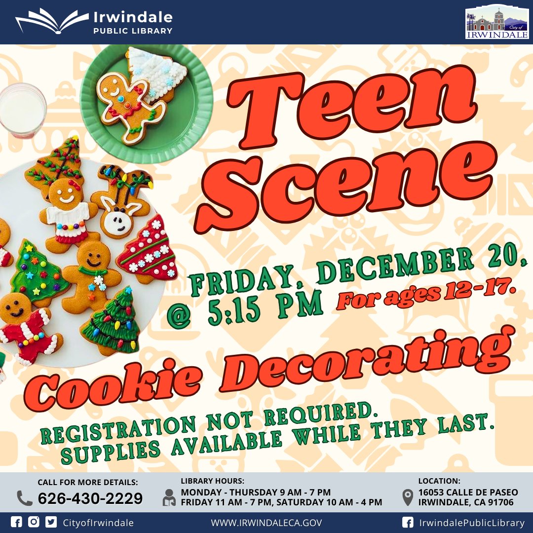 City of Irwindale (@cityofirwindale) on Twitter photo ๐๐๐๐ ๐๐๐๐๐๐ ๐๐ซ๐ฐ๐ข๐ง๐๐๐ฅ๐ ๐๐ฎ๐๐ฅ๐ข๐ ๐๐ข๐๐ซ๐๐ซ๐ฒ invites teens and tweens, ages 12-17, to join us on ๐
๐๐๐๐๐, ๐๐๐๐๐๐๐๐ ๐๐, ๐๐ญ ๐:๐๐ ๐๐, to enjoy COOKIE DECORATING.โฃ ๐๐๐๐ ๐๐๐๐๐๐ ๐๐ซ๐ฐ๐ข๐ง๐๐๐ฅ๐ ๐๐ฎ๐๐ฅ๐ข๐ ๐๐ข๐๐ซ๐๐ซ๐ฒ invites teens and tweens, ages 12-17, to join us on ๐
๐๐๐๐๐, ๐๐๐๐๐๐๐๐ ๐๐, ๐๐ญ ๐:๐๐ ๐๐, to enjoy COOKIE DECORATING.โฃ