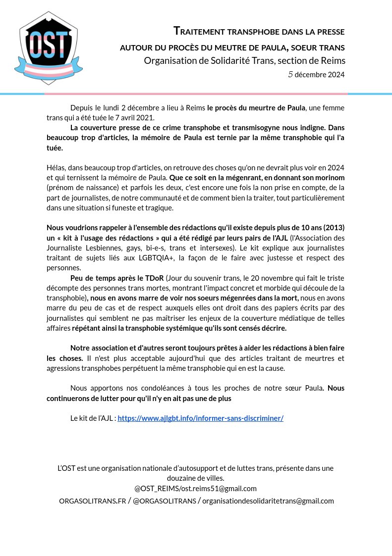 Depuis le lundi 2 décembre a lieu à Reims le procès du meurtre de Paula, une femme trans qui a été tuée le 7 avril 2021.
La couverture presse de ce crime transphobe et transmisogyne nous indigne.