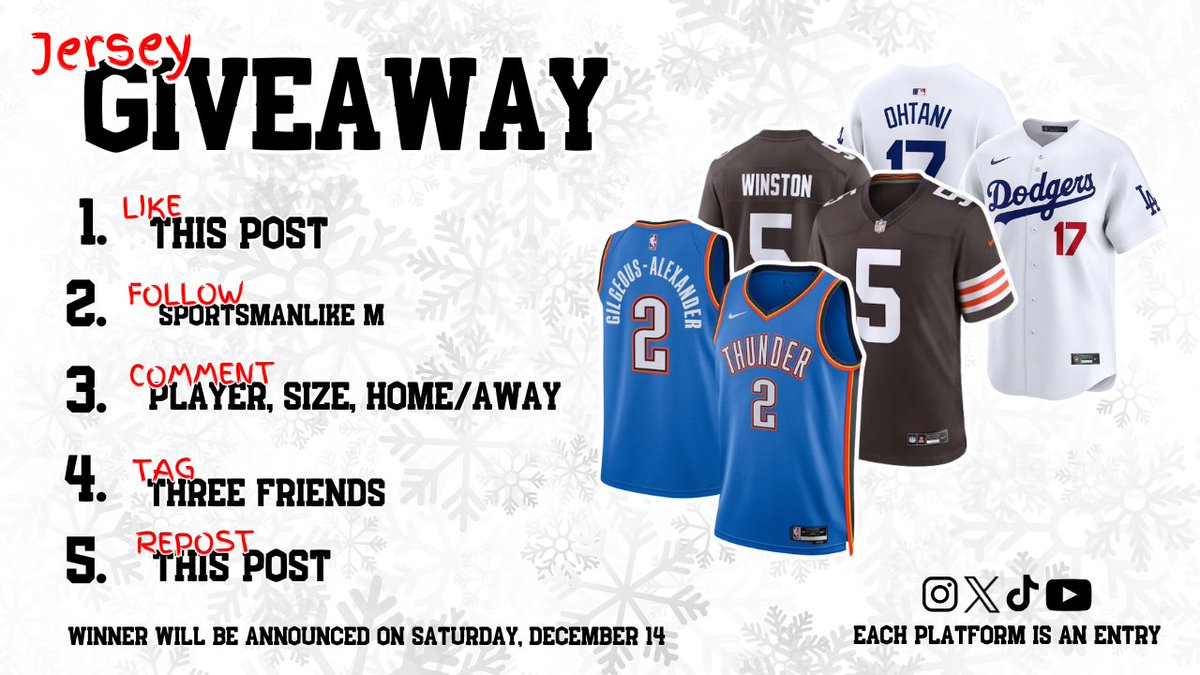 SportsmanlikeM's tweet photo. JERSEY GIVEAWAY

HOW TO ENTER

1. Like this post
2. Follow @SportsmanlikeM 
3. Comment player, size, home/away/alternate
4. Tag 3 friends
5. Repost this post

Tune in to see the winner December 4, 2024 at 3:00PM Eastern Time during my Holiday Live Stream! https://t.co/4EtkhOSwGJ