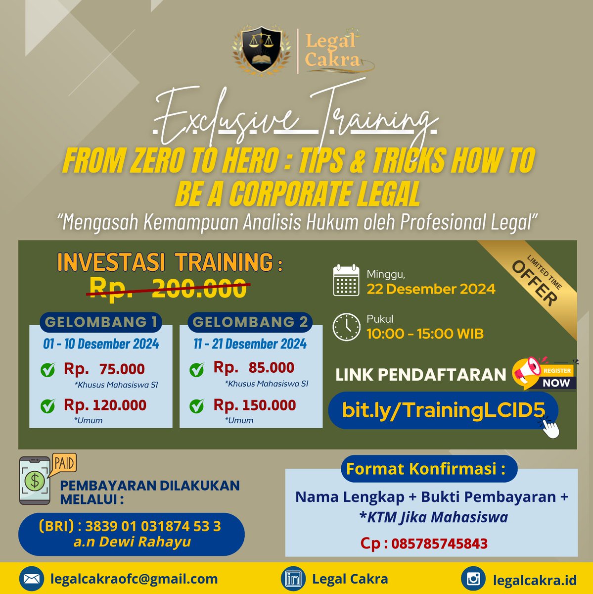 _FarrahMiftah's tweet image. ✨ FROM ZERO TO HERO: TIPS &amp;amp; TRICKS HOW TO BE A CORPORATE LEGAL ✨

🗓️ 22 Des 2024
⏰ 10:00-15:00 WIB
📍 Zoom
🔗 Registrasi: bit.ly/TrainingLCID5

🚨 Kuota terbatas! 
📩 085785745843 (Dewi)

#legalcakra #legalopinion #legalcourse