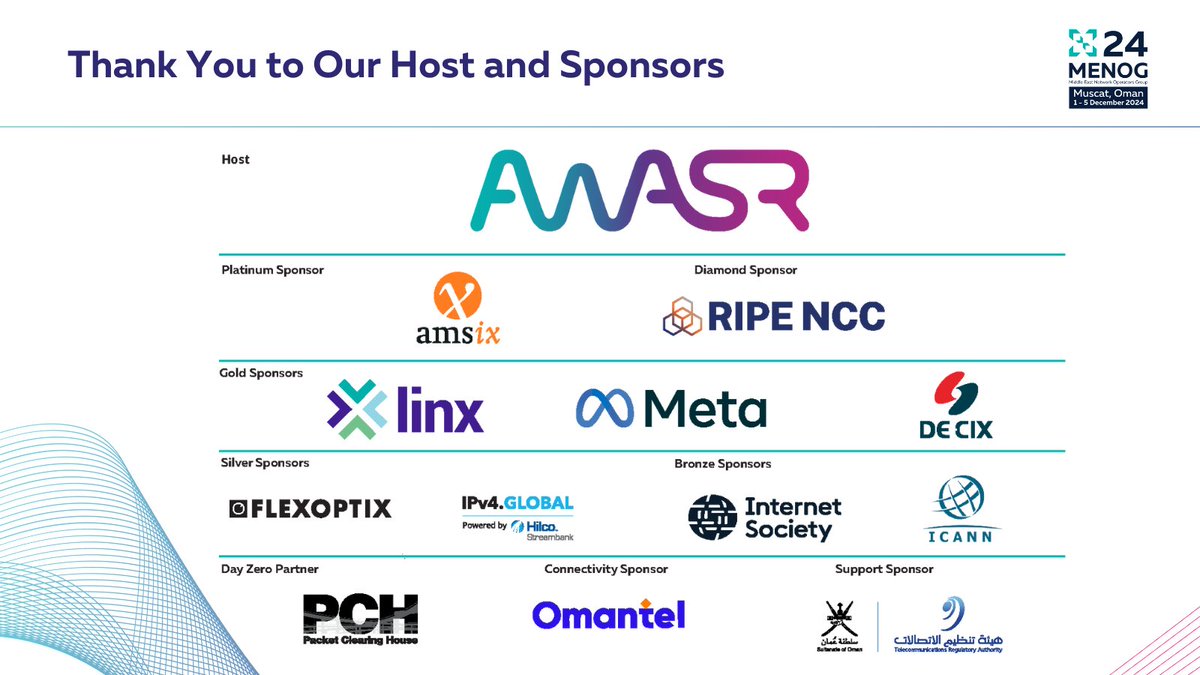 MENOG (@middleeastnog) on Twitter photo Day 2 of #MENOG24 is underway! A huge thank you to our host, <a href="/AwasrOm/">Awasr 🚀 أواصر 🇴🇲</a>, and our amazing sponsors (@ams_ix, <a href="/ripencc/">RIPE NCC</a>, <a href="/DECIX/">DE-CIX</a>, @linx_network, <a href="/Meta/">Meta</a>, @flexoptix, @ipv4g, <a href="/internetsociety/">Internet Society</a>, @icann, <a href="/PCHglobal/">PCH</a>, @omantel, @tra_oman) for making this event possible! 👏 Day 2 of #MENOG24 is underway! A huge thank you to our host, <a href="/AwasrOm/">Awasr 🚀 أواصر 🇴🇲</a>, and our amazing sponsors (@ams_ix, <a href="/ripencc/">RIPE NCC</a>, <a href="/DECIX/">DE-CIX</a>, @linx_network, <a href="/Meta/">Meta</a>, @flexoptix, @ipv4g, <a href="/internetsociety/">Internet Society</a>, @icann, <a href="/PCHglobal/">PCH</a>, @omantel, @tra_oman) for making this event possible! 👏