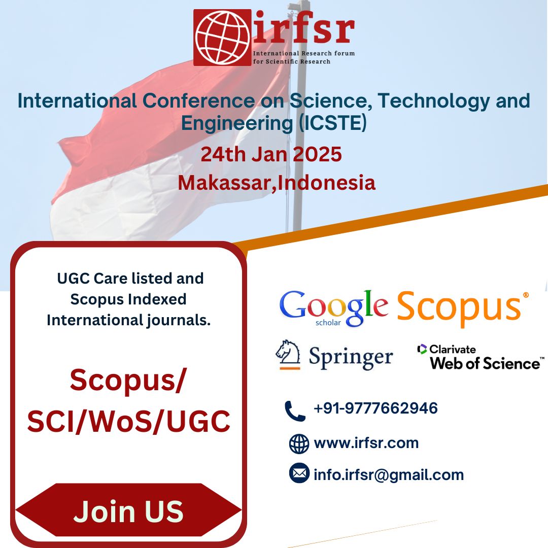 irfsr1's tweet image. International Conference on Science, Technology, and Engineering(ICSTE), organized by IRFSR, happening on January 24th,2025,in the vibrant city of Makassar, Indonesia! 🗓️
irfsr.com/Conference/405….
#irfsr #ICSTE2025 #IRFSR #ScienceAndEngineering #MakassarEvents #GlobalInnovation