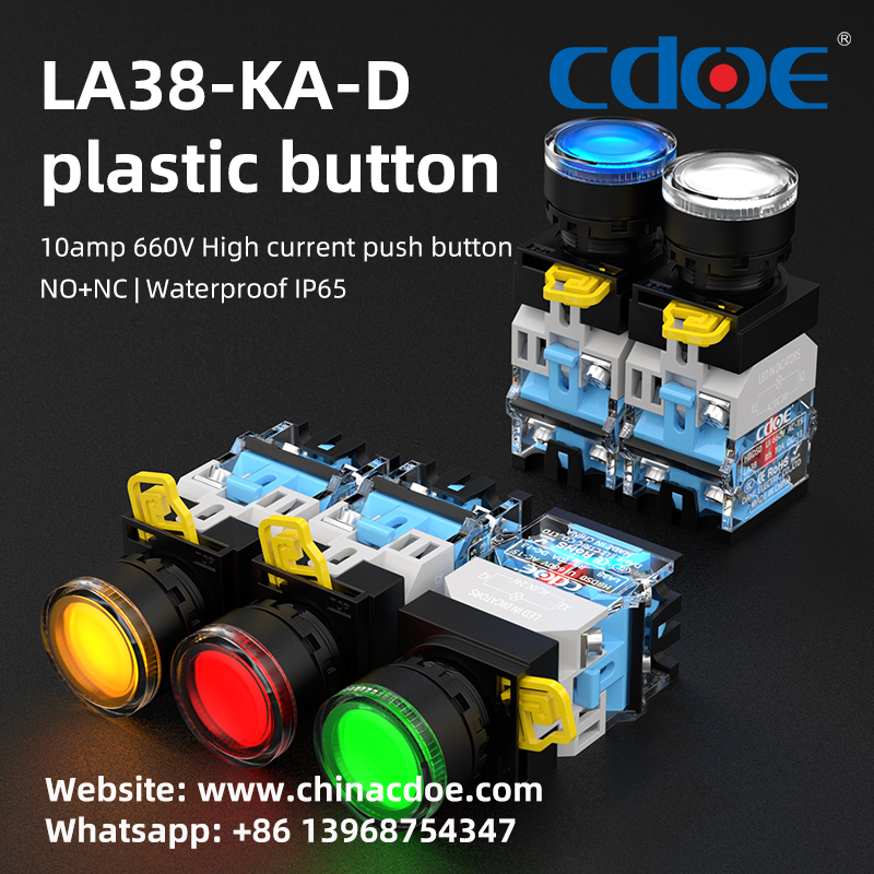 CDOEpushbutton's tweet photo. Discover the LA38 22MM illuminated button switch! With plastic material, IP65 waterproofing, and vibrant colors (red, green, blue, white, orange), it's built to perform. Rated 10A 660V with stackable NO/NC contactsβcustomize your control like never before! #ButtonSwitch https://t.co/99d4Ucgyk9