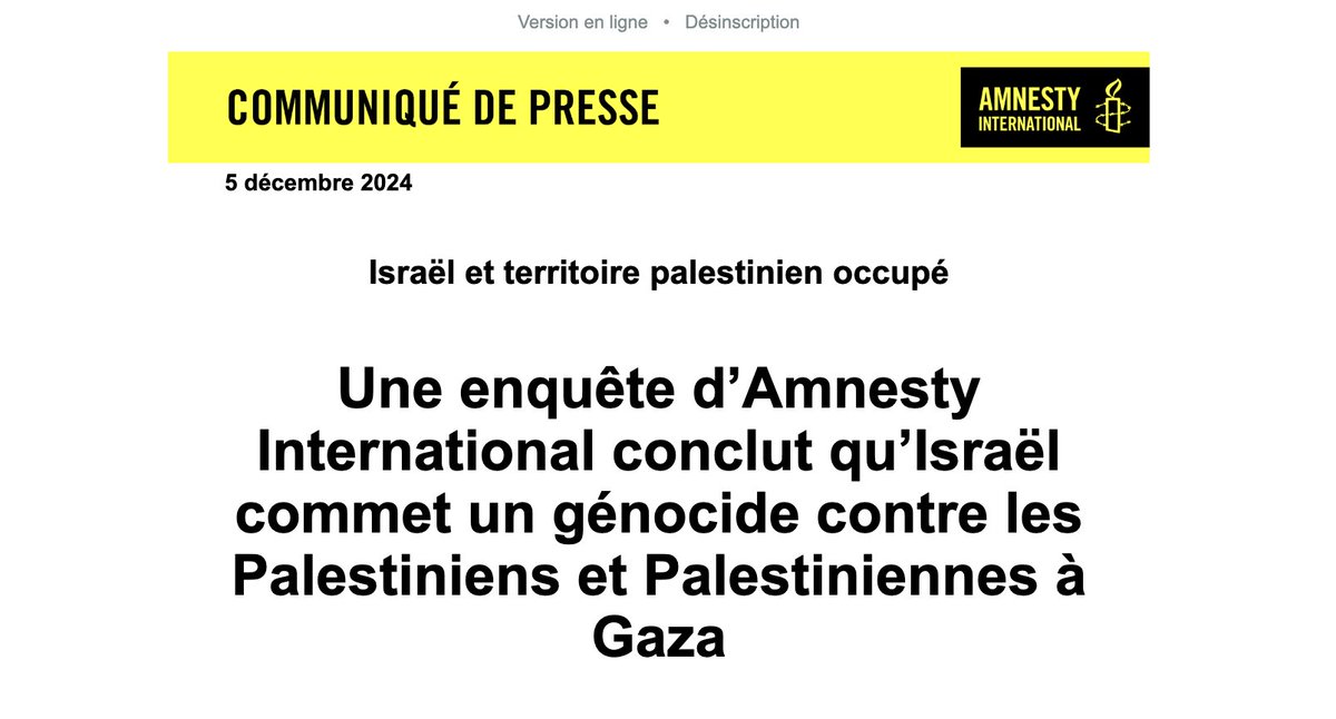 "Les recherches d’Amnesty International ont permis de rassembler suffisamment d’éléments pour conclure qu’Israël a commis et continue de commettre un génocide contre les Palestiniens et Palestiniennes dans la bande de Gaza occupée".