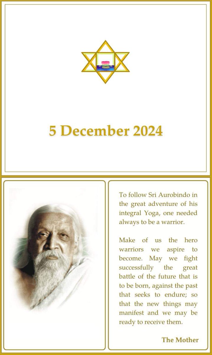 KhuntiaNaba's tweet photo. To follow Sri Aurobindo in
the great adventure of his
integral Yoga, one needed
always to be a warrior.

5 December Darshan Day Card 

🌿🌼🌼🌿

#SriAurobindo
#TheMother
#DarshanDay
#IntegralYoga
#Adventure
#Warrior
#Yoga https://t.co/7Deh82PcRn