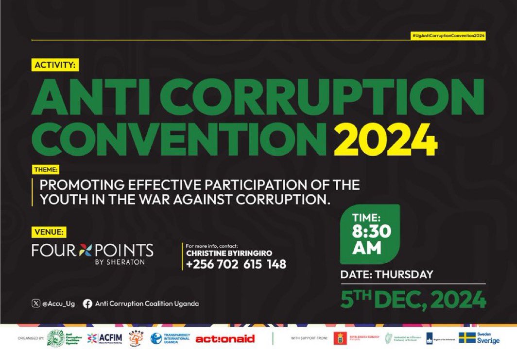 Accu_Ug's tweet photo. Join us now for the Anti-Corruption Convention 2024! 

Theme: Promoting Effective Participation of Youth in the War Against Corruption. 

📍 Four Points by Sheraton. 
Let's shape a corruption-free future together. 
@AcfimAfrica @CSBAGUGANDA 

#UgAntiCorruptionConvention2024 https://t.co/8lOf7tDjE5