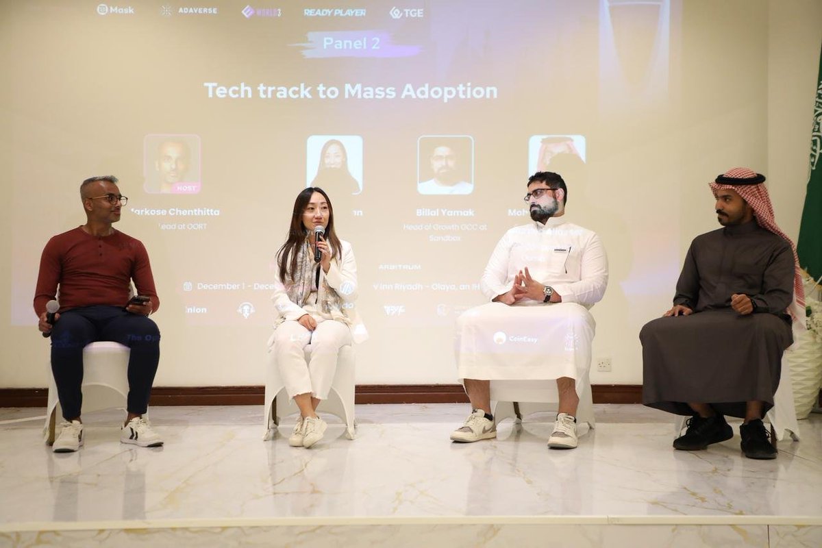 ETH Riyadh (@0xethriyadh) on Twitter photo ETH Riyadh Day2 Recap
Panel 2: Tech Track to Mass Adoption
Special thanks to
- Markose Chenthitta <a href="/markose_/">Markose Chenthitta | Life Crypto Liberty Freedom</a>, MENA Lead at OORT <a href="/oortech/">OORT | The Data Cloud for Decentralized AI</a>
- Eowyn Chen <a href="/EowynChen/">Eowync.eth</a>, CEO of TrustWallet <a href="/TrustWallet/">Trust Wallet</a>
- Billal Yamak <a href="/Billal_Yamak/">Billal Yamak</a>, Head of Growth GCC at Sandbox <a href="/TheSandboxGame/">The Sandbox</a>
- ETH Riyadh Day2 Recap
Panel 2: Tech Track to Mass Adoption
Special thanks to
- Markose Chenthitta <a href="/markose_/">Markose Chenthitta | Life Crypto Liberty Freedom</a>, MENA Lead at OORT <a href="/oortech/">OORT | The Data Cloud for Decentralized AI</a>
- Eowyn Chen <a href="/EowynChen/">Eowync.eth</a>, CEO of TrustWallet <a href="/TrustWallet/">Trust Wallet</a>
- Billal Yamak <a href="/Billal_Yamak/">Billal Yamak</a>, Head of Growth GCC at Sandbox <a href="/TheSandboxGame/">The Sandbox</a>
-