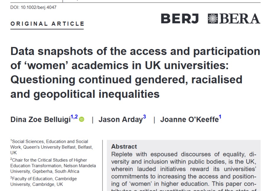 DZBelluigi's tweet photo. Pleased 2c our paper on gendered &amp; intersectional inequalities in academic staffing in UK universities in @BERJ_Editors , is now indexed. 

Of interest is how these persist in a predominantly female discipline - Education. 

Engage open access: https://t.co/drJ2jrsK6h

#HigherEd https://t.co/mjpzK6n6LT