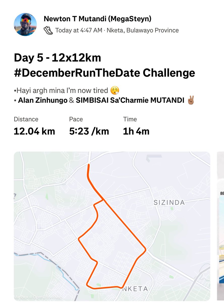 newton_tatenda's tweet photo. We are on day 5 of the 12x12km #DecemberRunTheDate challenge and all l can say now is I’m tired 😮💨 but still giving up ain’t an option, 7 more days to go ✌🏽 https://t.co/O6fwJDn12X