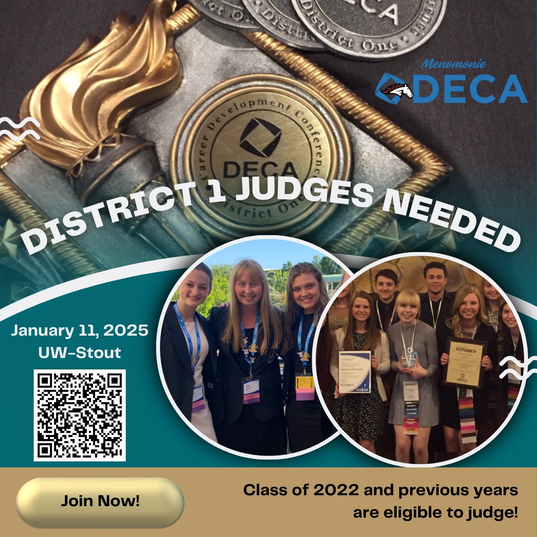 We would love to see you at the District Competition on January 11th! Sign up to judge through the QR Code and select that Menomonie DECA recruited you.

Menomonie DECA appreciates your help!