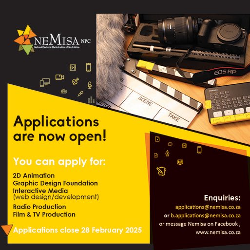 NEMISA Applications for Creative Media Class of 2025 are now open! You can apply for Film &amp; TV Production or Radio Production from the School of Broadcast and 2D Animation, Graphic Design, or Interactive Media from the School of AGDI #nemisa #nemisacreativemedia