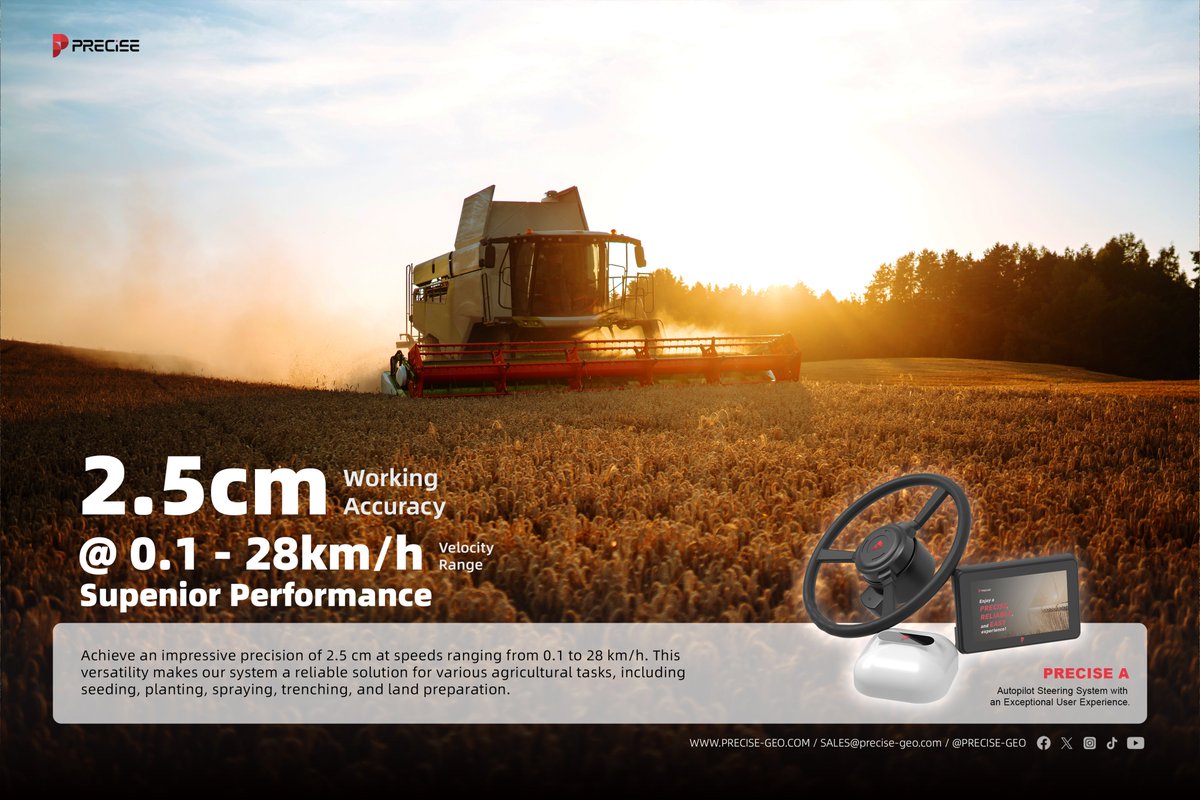 PRECISE_Geo's tweet photo. Precise A.
High accuracy supports your farming 📷📷📷
2.5cm working accuracy
Superior Performance
Master Every Harvest
Full news details here: https://t.co/o0kFqDwS8g
#PreciseA #ISOBUS #highaccuracy #autosteer #precisionfarming #smartfarming #Agriculture #farming #agtech https://t.co/ziSK8DQsQC