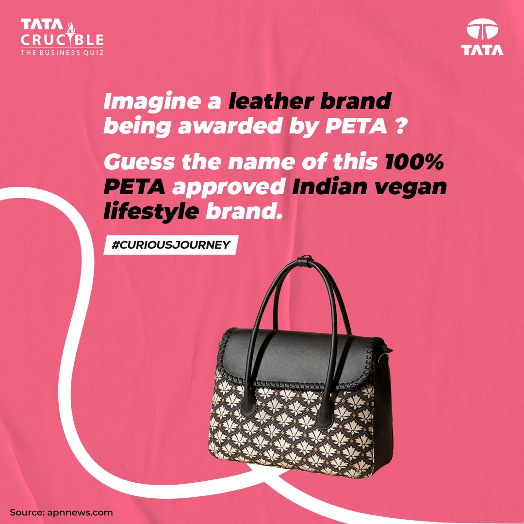 Tata_Crucible's tweet photo. Crafting the future with chic alternatives! ๐ โ
โ
Can you guess the Indian brand earning applause for its PETA-approved vegan leather products?โ
โ
#TataCrucible #TataCrucibleTurns20 #CuriousJourney #Sustainable #PETAApproved #Vegan #PETA https://t.co/ioqDWvsnrg