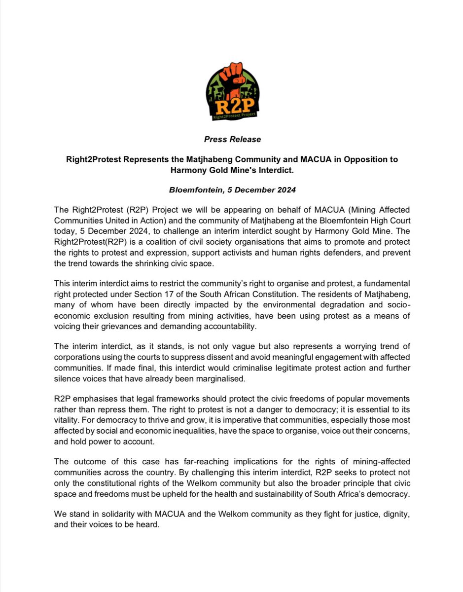 ProtestZa's tweet image. 📢 Right2Protest will be in Bloemfontein High Court this morning, representing the Matjhabeng Community and MACUA in opposing Harmony Gold Mine's interdict. We stand firm in defending the right to protest and amplifying community voices!

#Right2Protest 

Read Statement Below: