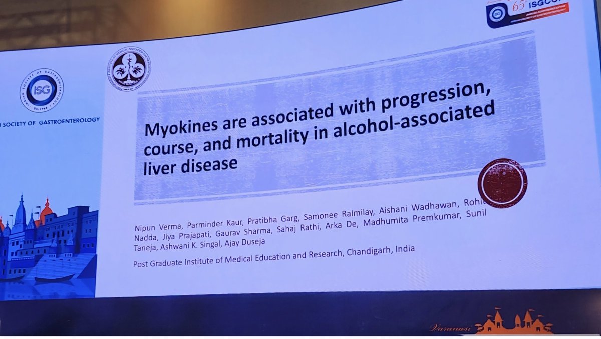 ajay_duseja's tweet photo. #ISGCON2024
Myokines in ALD are associated with progression and mortality.
#Parminder presenting Nipun's work @drnipunverma in the Young Investigator Session.
Congratulations to the Team. https://t.co/V83ywlH649