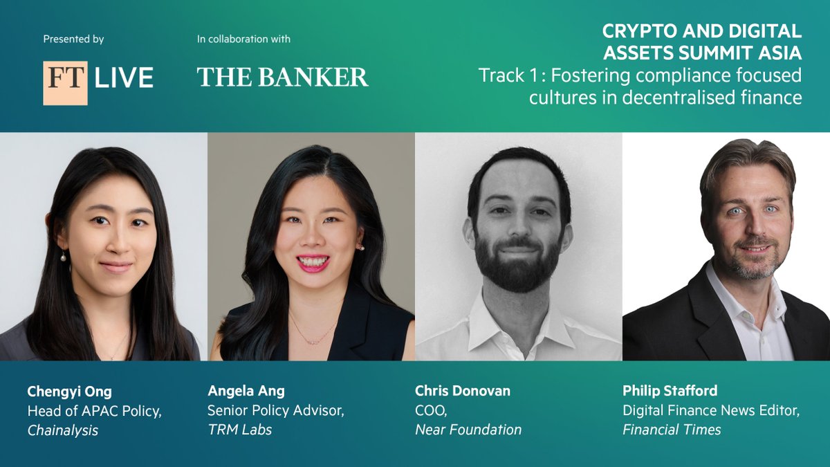 ftlive's tweet photo. Chengyi Ong (@chainalysis), Angela Ang (@trmlabs), and Chris Donovan (@NEARFoundation) are live at #FTCrypto discussing what the next steps would be to foster a compliance-focused culture in decentralised finance. What can be learned from traditional banks? https://t.co/9GqgKArhBA