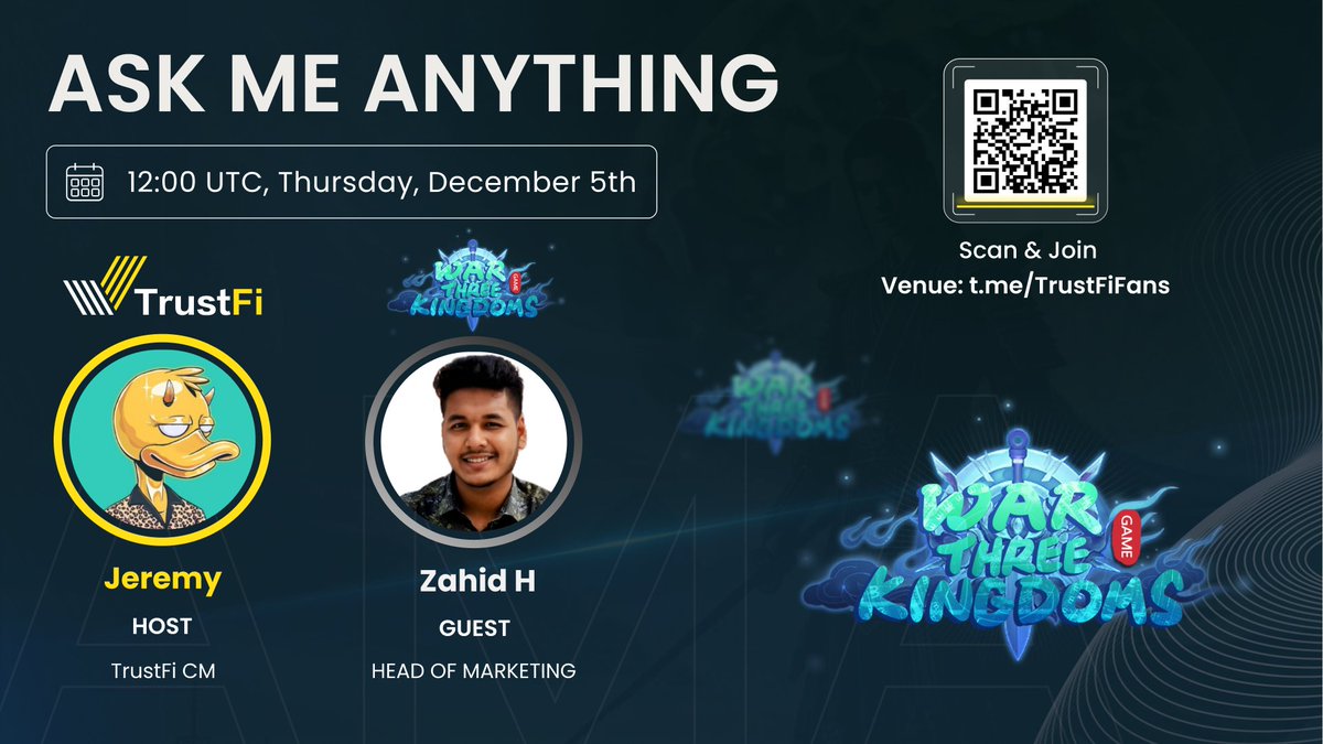 trustfiorg's tweet photo. 📣 @war3kingdom #AMA!       
       
💎 Mr Zahid H War3Kingdom's head of marketing will be our guest at Today's X #AMA, discussing War3Kingdom's latest news and developments.       
       
🕐 Date: 12:00 UTC, Thursday, December 5th
📌 Location: https://t.co/bQqq8ZshgV

🎉Recent Achievements
▫️Over 10,000 NFTs minted in beta phase 
▫️150,000+ registered players worldwide 
▫️$1.2M secured in pre-seed funding 
 
⏰ W3KT's IDO & Listing Information 
🗓 IDO Date: Dec 06 - 08
🗓 Listing date: 9th December (UTC)
💰 IDO Price: $0.02 
💰 Init. MCap: $1,000,000 
💰 Vesting: 100% at TGE