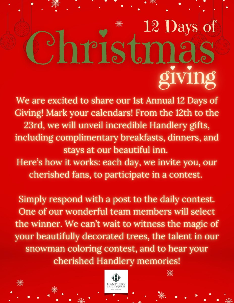 HandlerySF's tweet photo. Join us in our enchanting Holiday 12 Days of Giving contest! We are thrilled to unveil a series of exciting contests, beginning on the 12th. Each day will offer unique opportunities to engage, bringing you the chance to win wonderful prizes that celebrate the festive spirit. Don't miss out!
#holiday #Christmas #giving #Contest