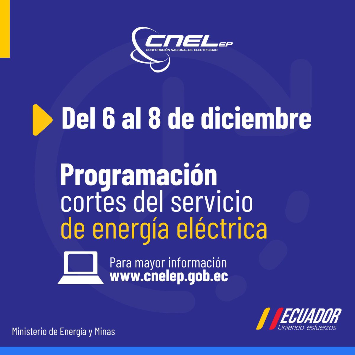 CNEL_EP's tweet photo. 🚨  IMPORTANTE

Consulta los horarios y sectores de las 11 Unidades de Negocio de #CNELEP que tendrán interrupción del servicio eléctrico del 06 al 08 de diciembre de 2024.

Horarios por Unidades de Negocio aquí: 

Bolívar: https://t.co/mrlNzUPrg2
El Oro: https://t.co/Qa4na9DzC5
Esmeraldas: https://t.co/0vUU6z5ta5
Guayaquil: https://t.co/Sfkk1n1jaN
Guayas Los Ríos: https://t.co/hwR9IU2VIz
Los Ríos: https://t.co/DI4BlVTJiQ
Manabí: https://t.co/IlTS1E44rF
Milagro: https://t.co/qGZGplkbA4
Santa Elena: https://t.co/JEQt7q9GSR
Santo Domingo: https://t.co/LRpi4cardO
Sucumbíos: https://t.co/WpiCOsyrCg
