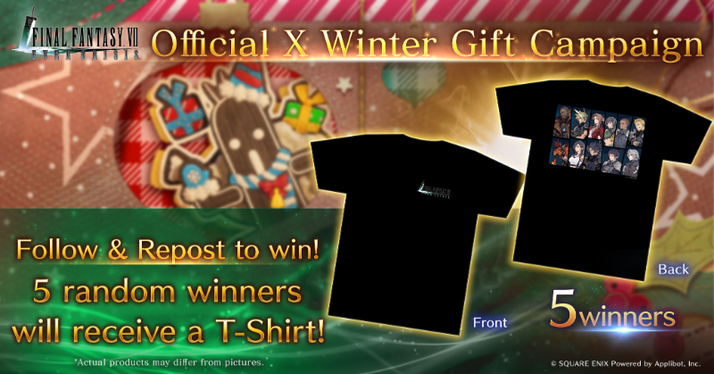 FFVII_EC_EN's tweet photo. FINAL FANTASY VII EVER CRISIS Winter Campaign 2024 Raffle

Follow &amp; Repost to win! 5 random winners will receive a T-shirt!
Deadline: Dec. 11 6:59 AM PST

Official Rules: https://t.co/lgBu2Wdxut

#FF7EC #FF7EverCrisis