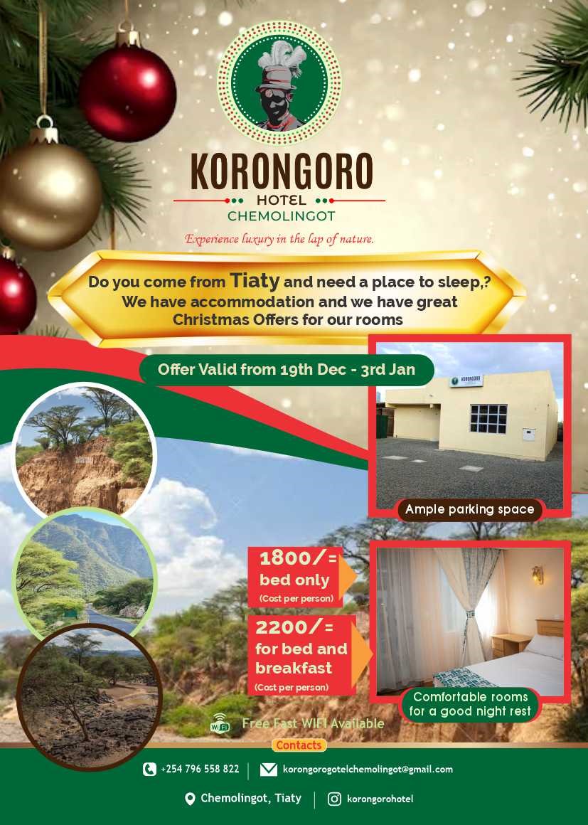 Looking for a peaceful getaway this Christmas? <a href="/KorongoroHotel/">Korongoro Hotel</a> offers the perfect retreat.

Enjoy our cozy accommodations and special holiday rates from December 19th to January 3rd.

Experience the magic of Tiaty this festive season.