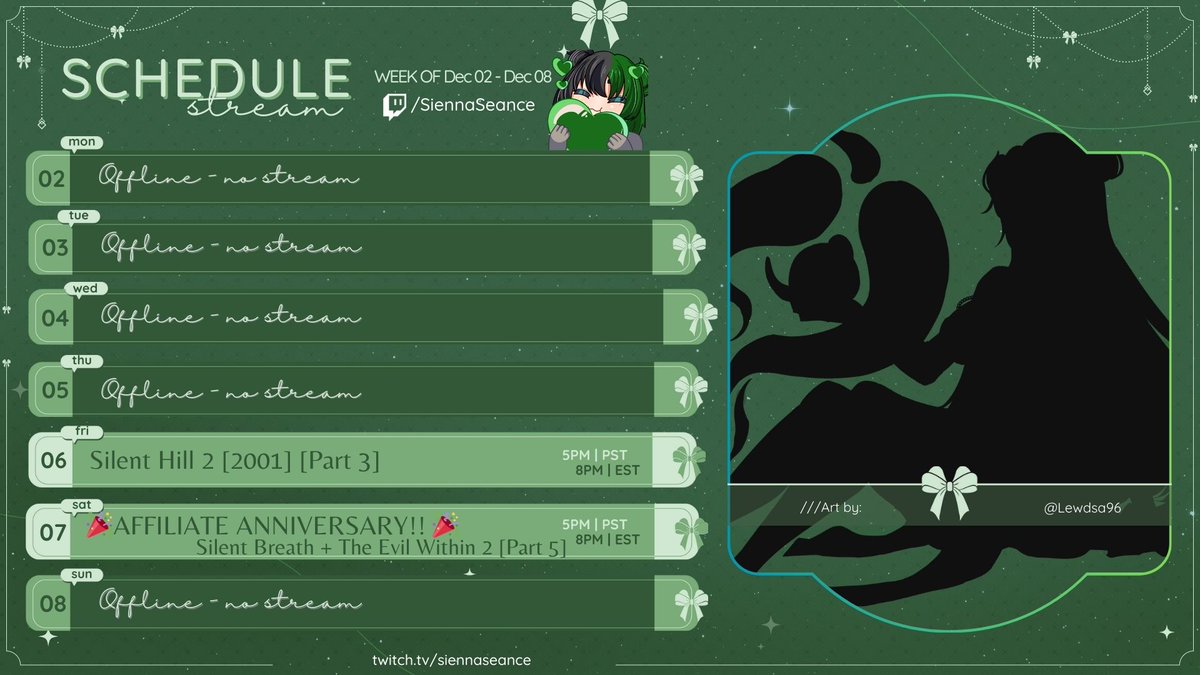 🖤 Week of Dec 02 - Dec 08 💚

This Saturday is officially my AFFILIATE ANNIVERSARY! 🎉I can't believe it's already been a year! I'm so grateful for each and every one of you and I can't wait to celebrate this weekend with the debut of a new outfit/hair and some games! 🍾💚