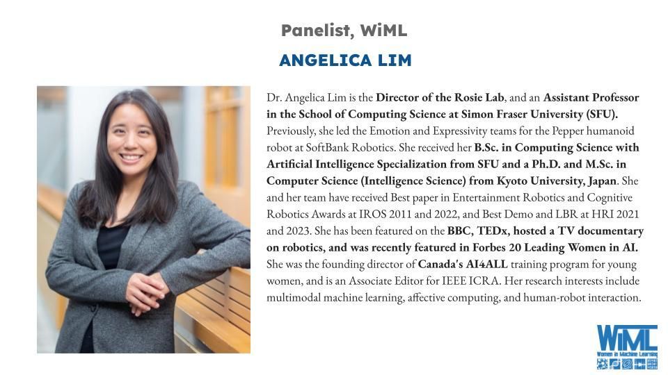 WiML (@wimlworkshop) on Twitter photo Don’t miss <a href="/petitegeek/">Dr. Angelica Lim @petitegeek.bsky.social</a>, assistant professor at <a href="/SFU_CompSci/">SFU School of Computing Science</a>, sharing their perspective at the panel discussion #WiML at #NeurIPS! Don’t miss <a href="/petitegeek/">Dr. Angelica Lim @petitegeek.bsky.social</a>, assistant professor at <a href="/SFU_CompSci/">SFU School of Computing Science</a>, sharing their perspective at the panel discussion #WiML at #NeurIPS!