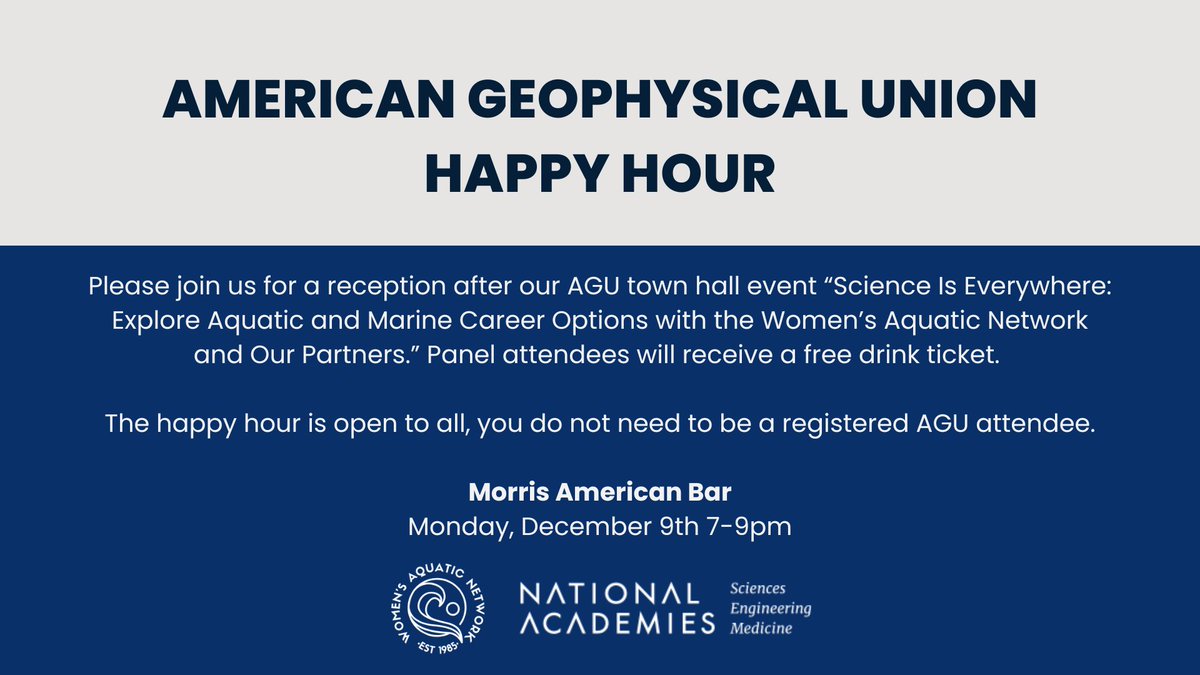 Heading to #AGU24 next week?

Join <a href="/WomensAquaticDC/">Women’s Aquatic Network</a> &amp; <a href="/theNASEM/">National Academies</a> for a reception after our <a href="/theAGU/">AGU (American Geophysical Union)</a> event! Stop by Morris American Bar next Monday to chat about the town hall  and meet other aquatic professionals. womensaquatic.org/events/aguhapp…