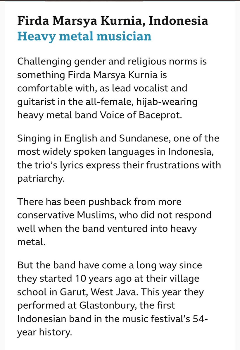 degustie's tweet photo. HEBATTT!!!!
Marsya, vokalis band heavy metal Voice of Baceprot (VoB) terpilih sbg 100 Perempuan Berpengaruh versi BBC.
Marsya satu-satunya perempuan dari Indonesia yang masuk list. πππ
#GarutPride
#IndonesiaPride https://t.co/1ariKHkdW0