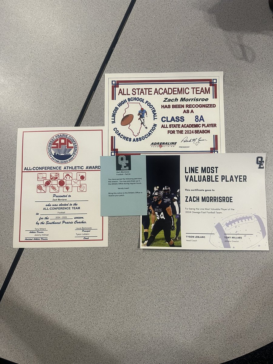 Zach Morrisroe 25’ (@zachmorrisroe) on Twitter photo #AGTG Blessed to have won All-Confrence Athletic Award, All State Academic Team for 8a, and the Most Valuable Linemen Award!! <a href="/OEHSfootball/">Oswego East Football</a> <a href="/CoachLeBlanc1/">Tyson LeBlanc</a>
<a href="/NIUCoachHammock/">Thomas Hammock</a> <a href="/CoachGigli/">Jordan Gigli</a> <a href="/CoachMooreNIU/">Travis D. Moore Sr.</a> <a href="/CoachAWang/">Andy Wang</a> #AGTG Blessed to have won All-Confrence Athletic Award, All State Academic Team for 8a, and the Most Valuable Linemen Award!! <a href="/OEHSfootball/">Oswego East Football</a> <a href="/CoachLeBlanc1/">Tyson LeBlanc</a>
<a href="/NIUCoachHammock/">Thomas Hammock</a> <a href="/CoachGigli/">Jordan Gigli</a> <a href="/CoachMooreNIU/">Travis D. Moore Sr.</a> <a href="/CoachAWang/">Andy Wang</a>