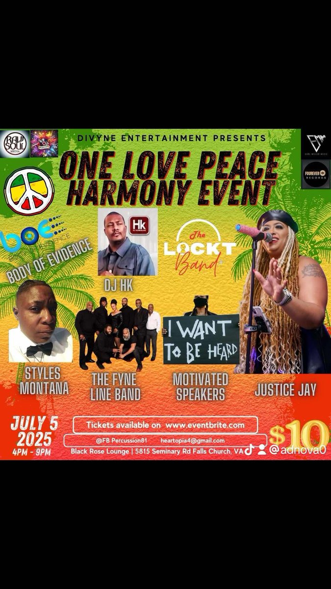 CounselorTuck's tweet image. Drop some words of inspiration this summer.

🎤✨ Don't Miss the One Love Peace Harmony Event! ✨🎶
📅 July 5, 2025
⏰ 4 PM - 9 PM
📍 Black Rose Lounge, Falls Church, VA
🎟️ Tickets are only $10 on Eventbrite!

#OneLovePeaceHarmony #LiveMusicVA #JusticeJay #CommunityEvent