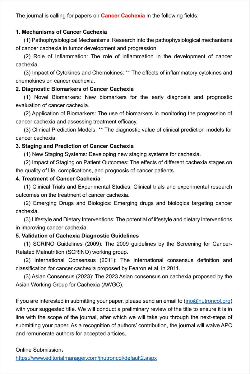 JNOjournal's tweet photo. Call for Papers
Journal of Nutritional Oncology (JNO) – Special Issue on Cancer Cachexia
Explore cutting-edge research on cancer metabolism, diagnostics, and innovative treatments for #cancer #cachexia.
https://t.co/n762gB2Kgx https://t.co/Pr4zCOH6s8