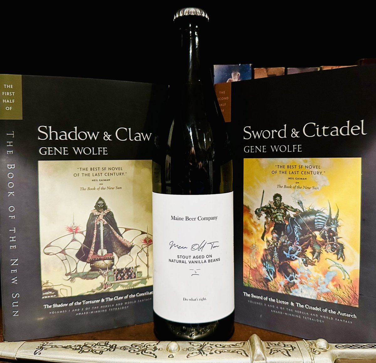 jdbaker11058's tweet photo. #beervent Day 4: Maine Brewing’s impeccable Mean Old Tom, a vanilla bean stout. The beer is complex, many-layered, at times inscrutable, and also completely rewarding with an underlying richness. 

Therefore a perfect match with Gene Wolfe’s The Book of the New Sun quartet. https://t.co/StefLeNcDI