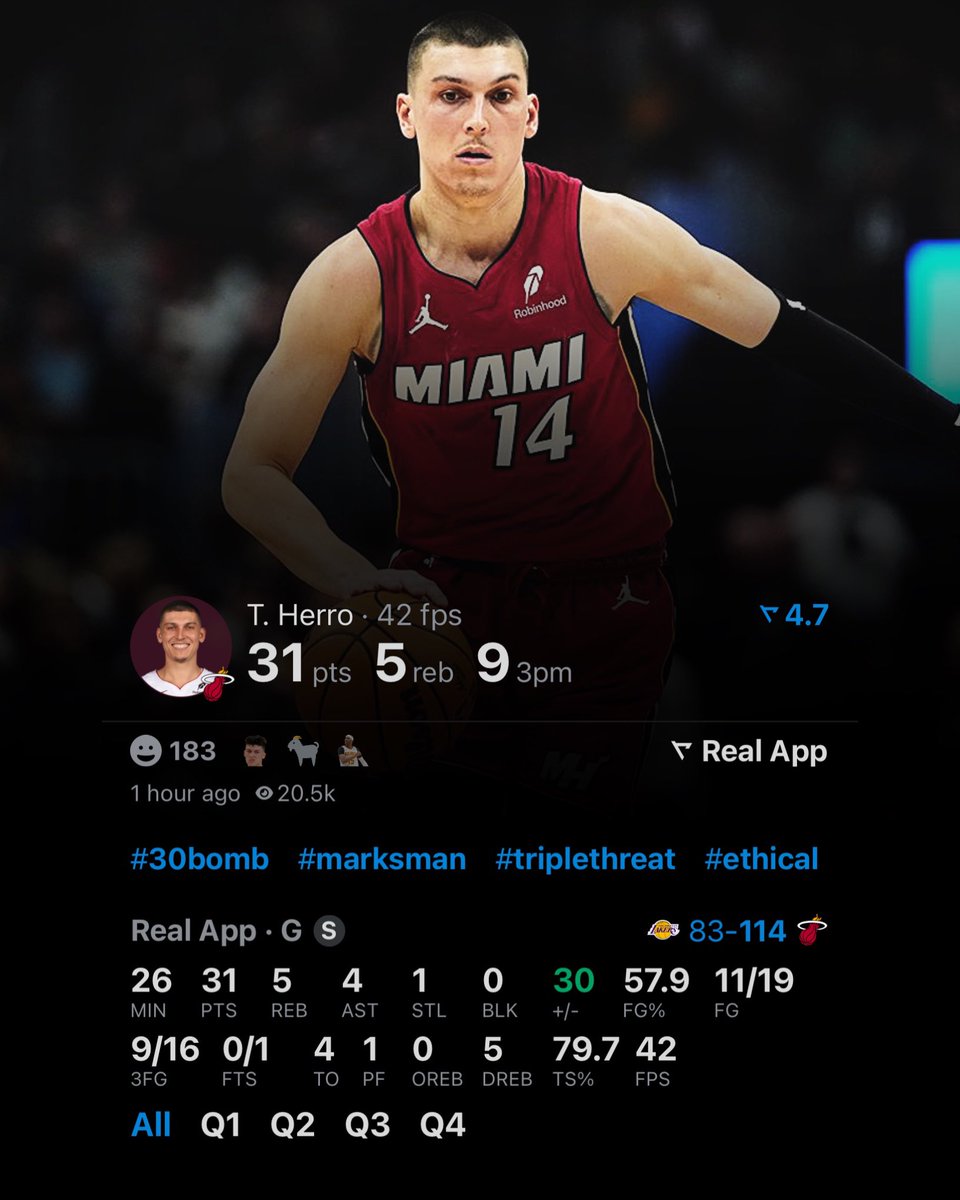 LegionHoops's tweet image. TYLER HERRO IN 26 MINUTES:

31 POINTS
9 THREES (!!!)
5 REBOUNDS
11/19 FG

COOKED THE LAKERS 🔥 (via @realapp_)