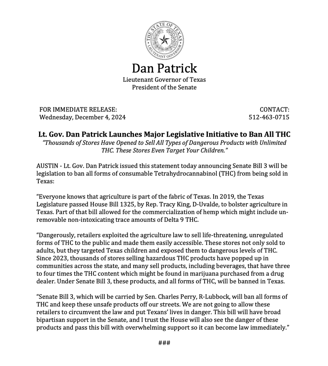 LtGovTX's tweet photo. Lt. Gov. Dan Patrick Launches Major Legislative Initiative to Ban All THC:

“Thousands of Stores Have Opened to Sell All Types of Dangerous Products with Unlimited THC. These Stores Even Target Your Children.”

#txlege 

https://t.co/Irq1cUqkIG https://t.co/jEAZj9Ncmo
