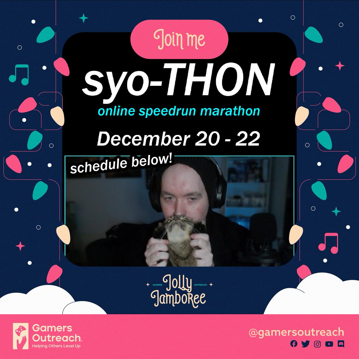 Very proud to announce that SYO-THON will be part of the <a href="/GamersOutreach/">Gamers Outreach</a> Jolly Jamboree!

View the list of incredibly talented speedrunners from around the world that will be showcasing their games during this event below

Schedule in various timezones will be linked too 😍🥳🤠🇦🇺