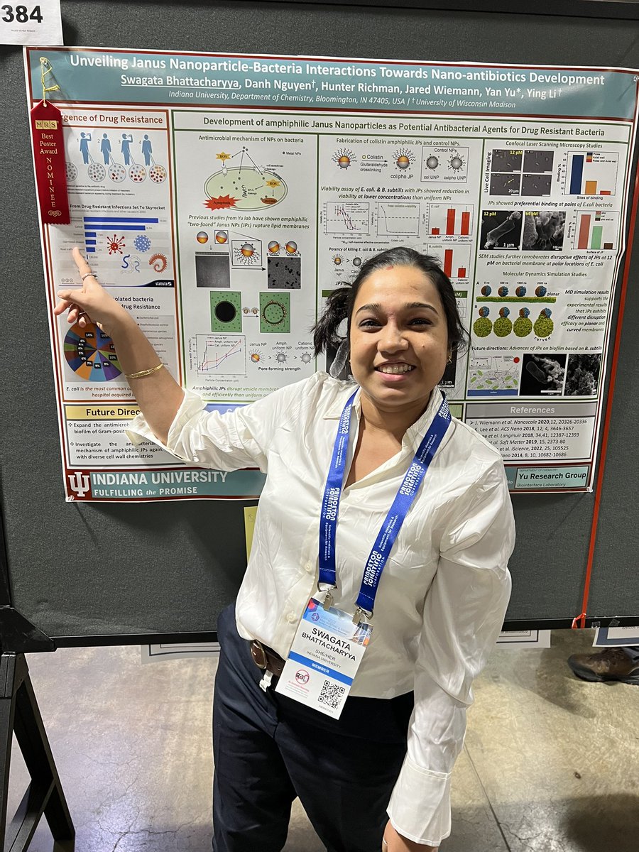 Honored to be nominated for the Best Poster Award at #MRSFall24! Grateful to IU Executive Dean's Travel award &amp; Prof. Yan Yu for supporting my research on antimicrobial nanoparticles. Excited to represent #WomenInScience! #BestPosterNomination