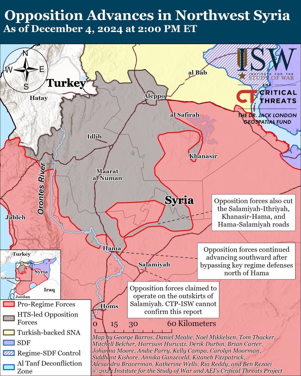 criticalthreats's tweet photo. NEW | Hayat Tahrir al Sham (HTS)-aligned opposition groups are likely prioritizing the capture of Hama City.

The  main effort is the city's isolation and capture. The supporting effort  seeks to interdict regime reinforcements from reaching Hama. https://t.co/HFhNhTBuwS