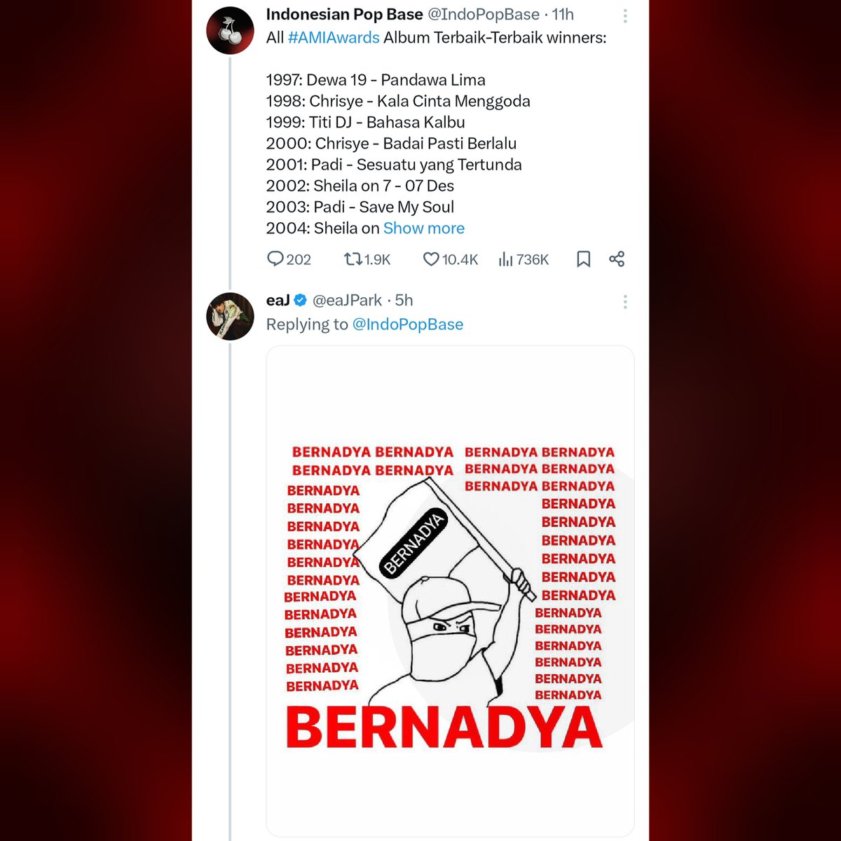 iPopBase's tweet photo. eaJ reacts to Bernadya’s ‘Sialnya, Hidup Harus Tetap Berjalan’ winning the #AMIAwards for Album Terbaik-Terbaik. https://t.co/xNHGH5VUVX