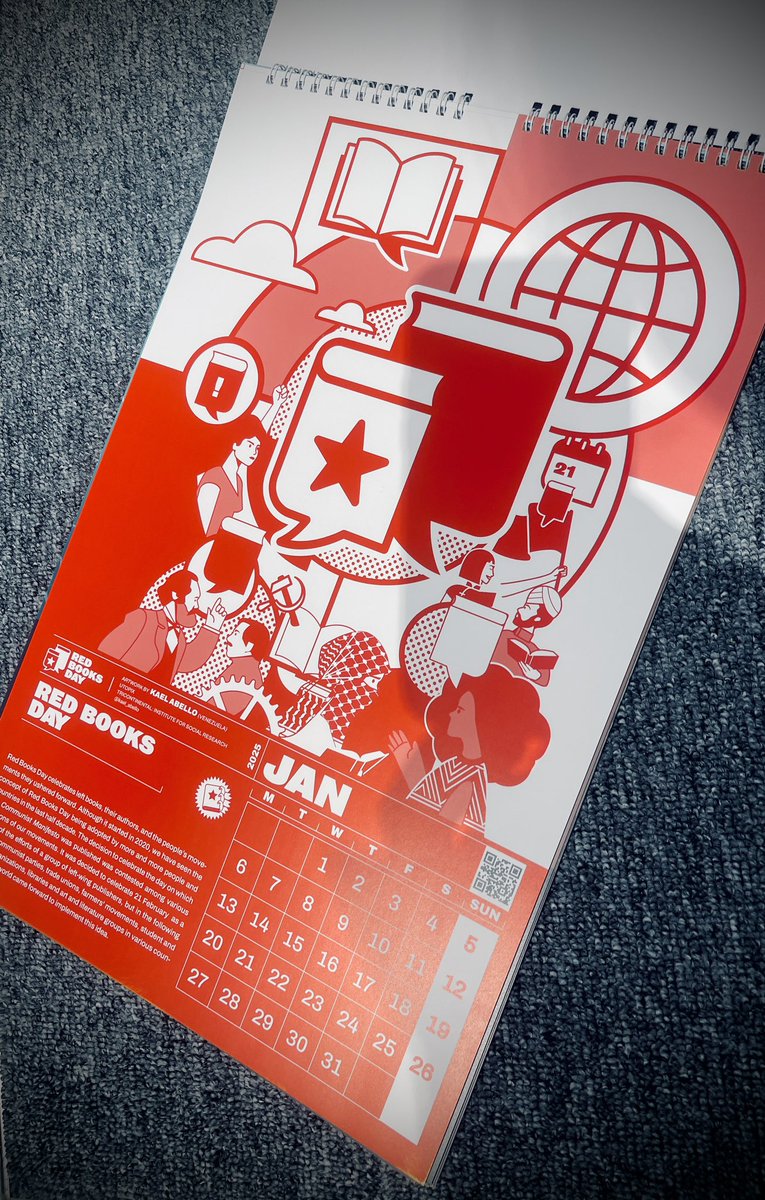 t_ings's tweet photo. The #RedBooksDay 2025 calendar is out! Each month dedicated to a red book, illustrated by internationalist artist-activists (@KaelAbello @dig_neves and Abhinav)

You can download the PDF or purchase a physical copy here: https://t.co/Q0xM4AcZuO https://t.co/oq8CEu7krF