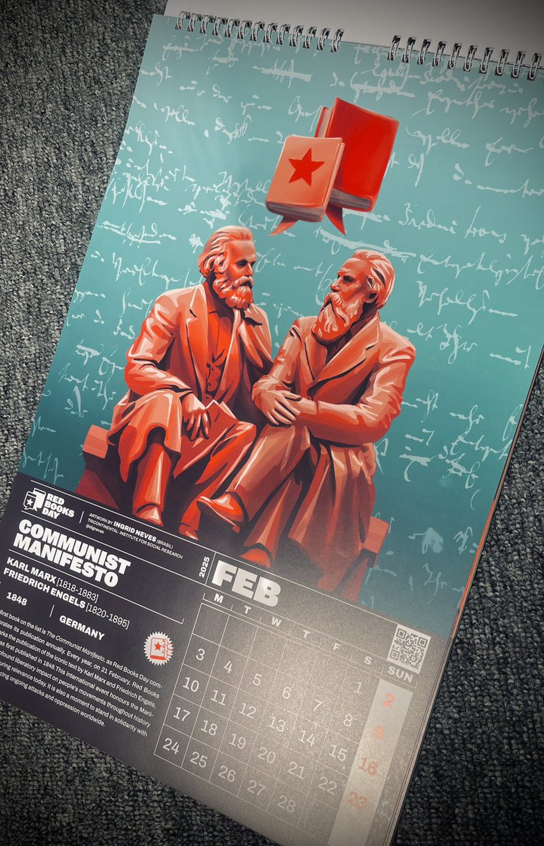t_ings's tweet photo. The #RedBooksDay 2025 calendar is out! Each month dedicated to a red book, illustrated by internationalist artist-activists (@KaelAbello @dig_neves and Abhinav)

You can download the PDF or purchase a physical copy here: https://t.co/Q0xM4AcZuO https://t.co/oq8CEu7krF