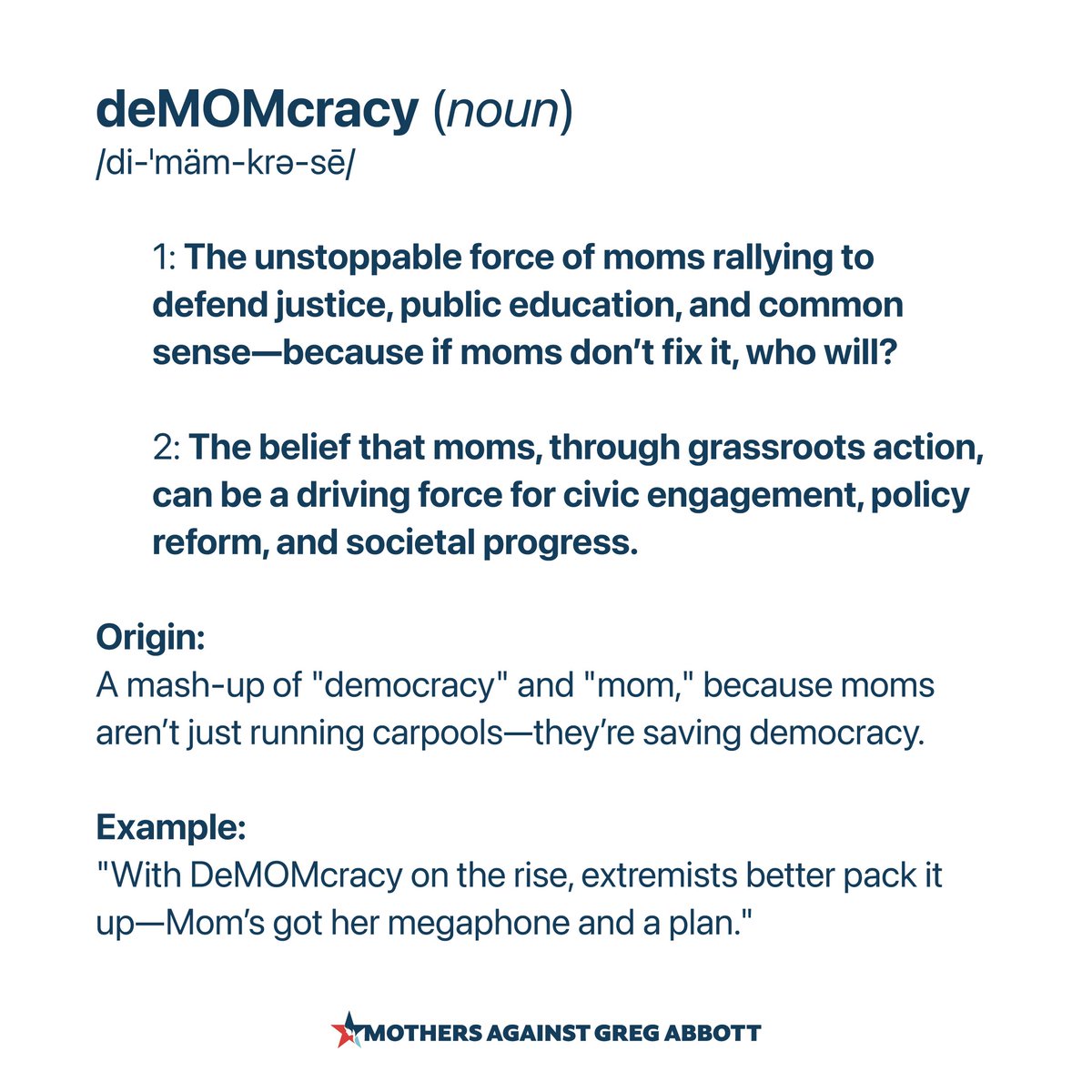 MomsAGAbbott's tweet photo. 🚨 New Word Alert: DeMOMcracy 🚨
When democracy needs saving, Moms step up. 💪 This is the era where Moms and Others join forces to plan, strategize, and fight for our future.
Welcome to #DeMOMcracy. Let’s get to work! ✨
#MomsForDemocracy #FightForOurFuture https://t.co/ytE4XiuToZ