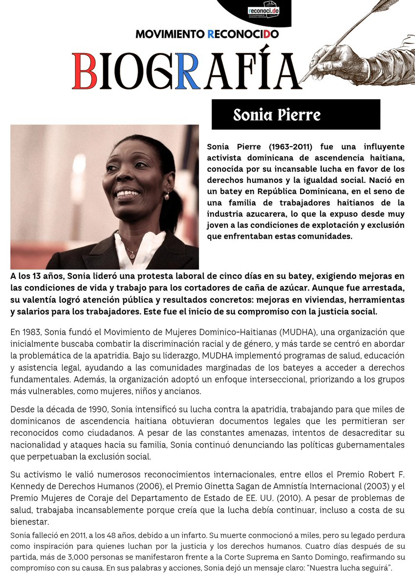 reconoci_do's tweet photo. Sonia Pierre, una dominicana de ascendencia haitiana que desafió el racismo, la apatridia y la discriminación. Su valentía y su lucha siguen inspirando un mundo más justo.
#NoALaApatridia #NoAlRacismo #SomosDominicanos https://t.co/qNkifuXRUF
